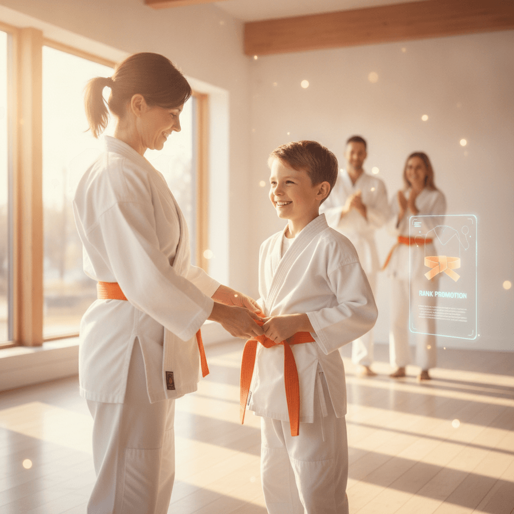 A martial arts student receiving a new belt rank at a school run on DojoZeus
