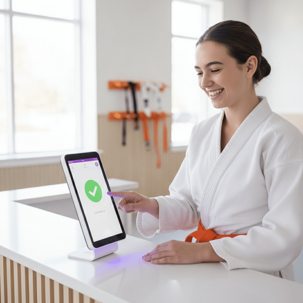 A martial arts student checking in for class on a DojoZeus tablet kiosk