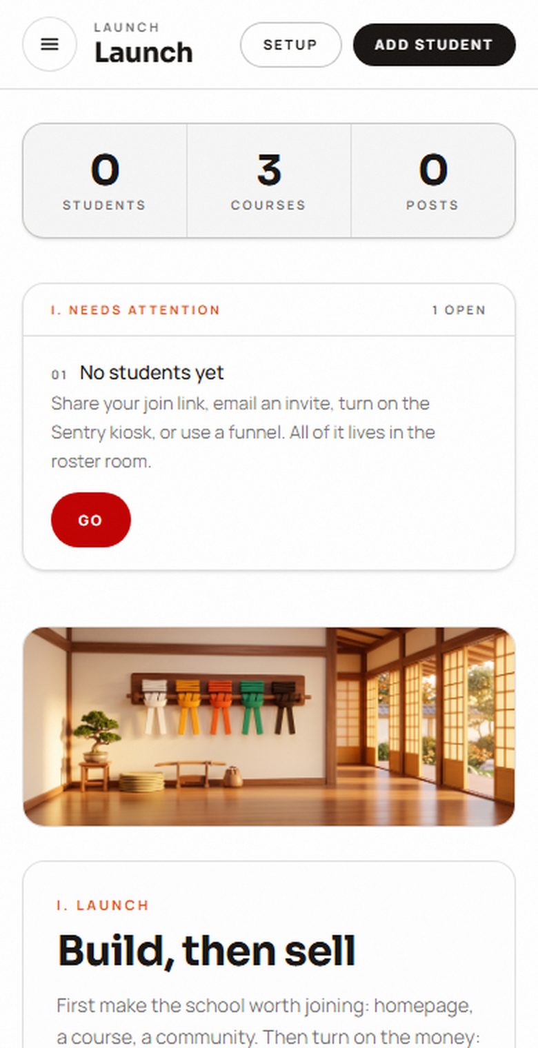 A school owner's DojoZeus dashboard open on a phone